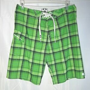 Oakley Men's Beach Surf Board Shorts Size‎ 33 Green Plaid Swim Trunks